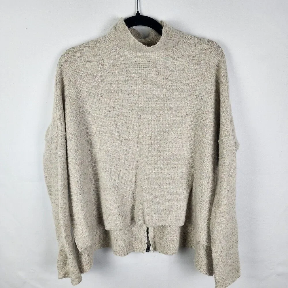 Free People Women Beige Marl Mock Neck Back Zip Oversized Wool Blend Sweater‎ XS